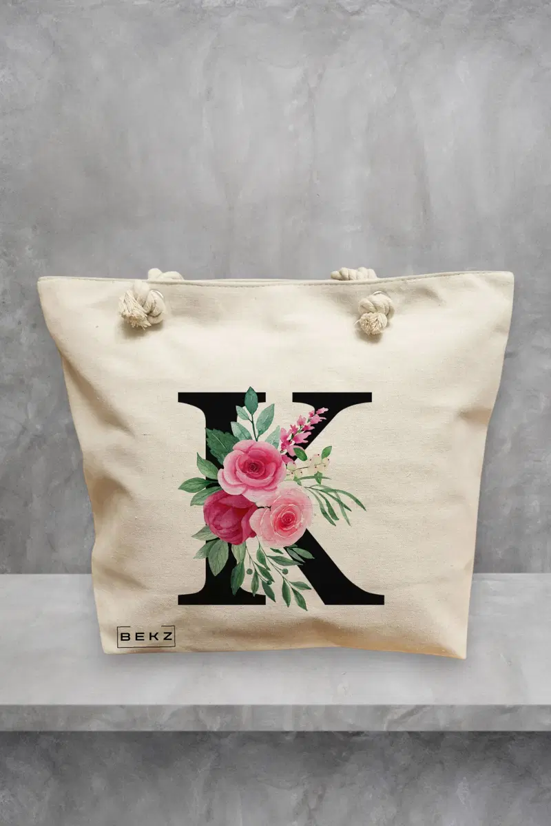 Geanta de Plaja Canvas Tote pentru femei, Cu litera K si Trandafiri, 40x51 cm, Bej, BEKZ®