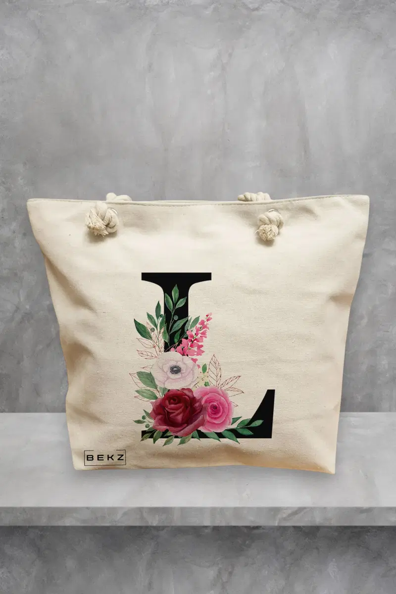 Geanta de Plaja Canvas Tote pentru femei, Cu litera L si Trandafiri, 40x51 cm, Bej, BEKZ®