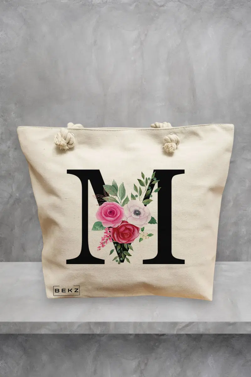 Geanta de Plaja Canvas Tote pentru femei, Cu litera M si Trandafiri, 40x51 cm, Bej, BEKZ®