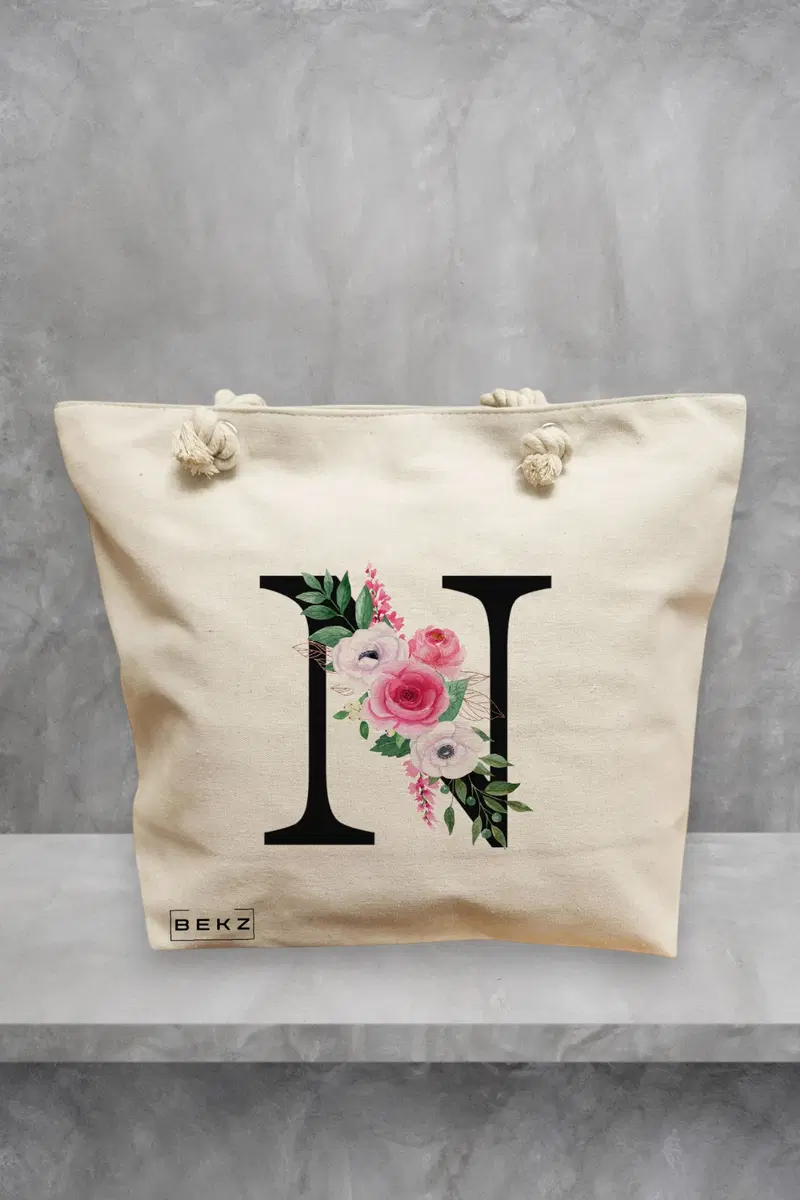 Geanta de Plaja Canvas Tote pentru femei, Cu litera N si Trandafiri, 40x51 cm, Bej, BEKZ®