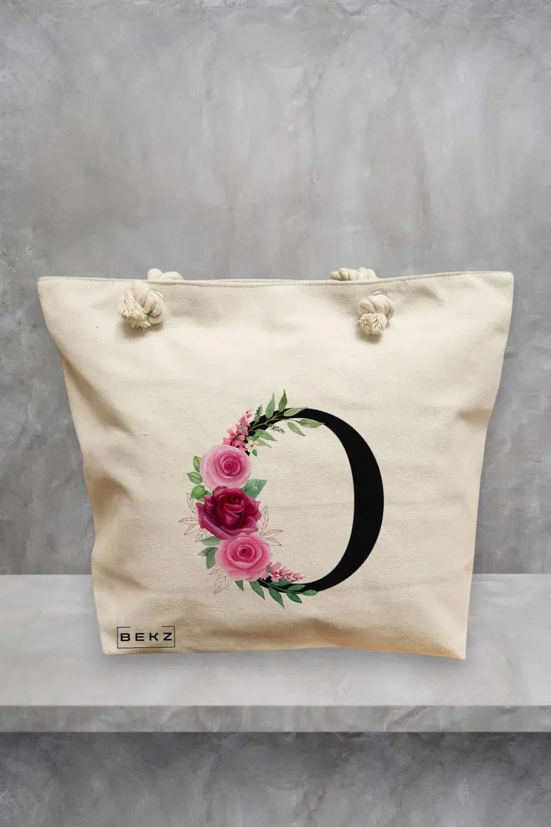 Geanta de Plaja Canvas Tote pentru femei, Cu litera O si Trandafiri, 40x51 cm, Bej, BEKZ®