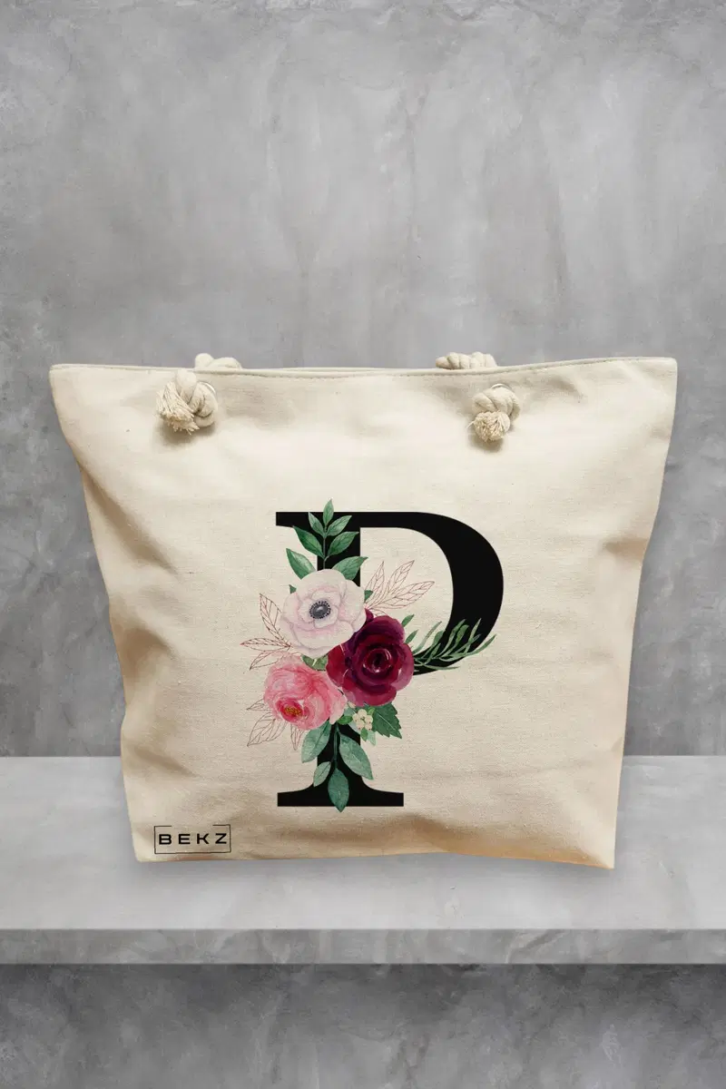 Geanta de Plaja Canvas Tote pentru femei, Cu litera P si Trandafiri, 40x51 cm, Bej, BEKZ®