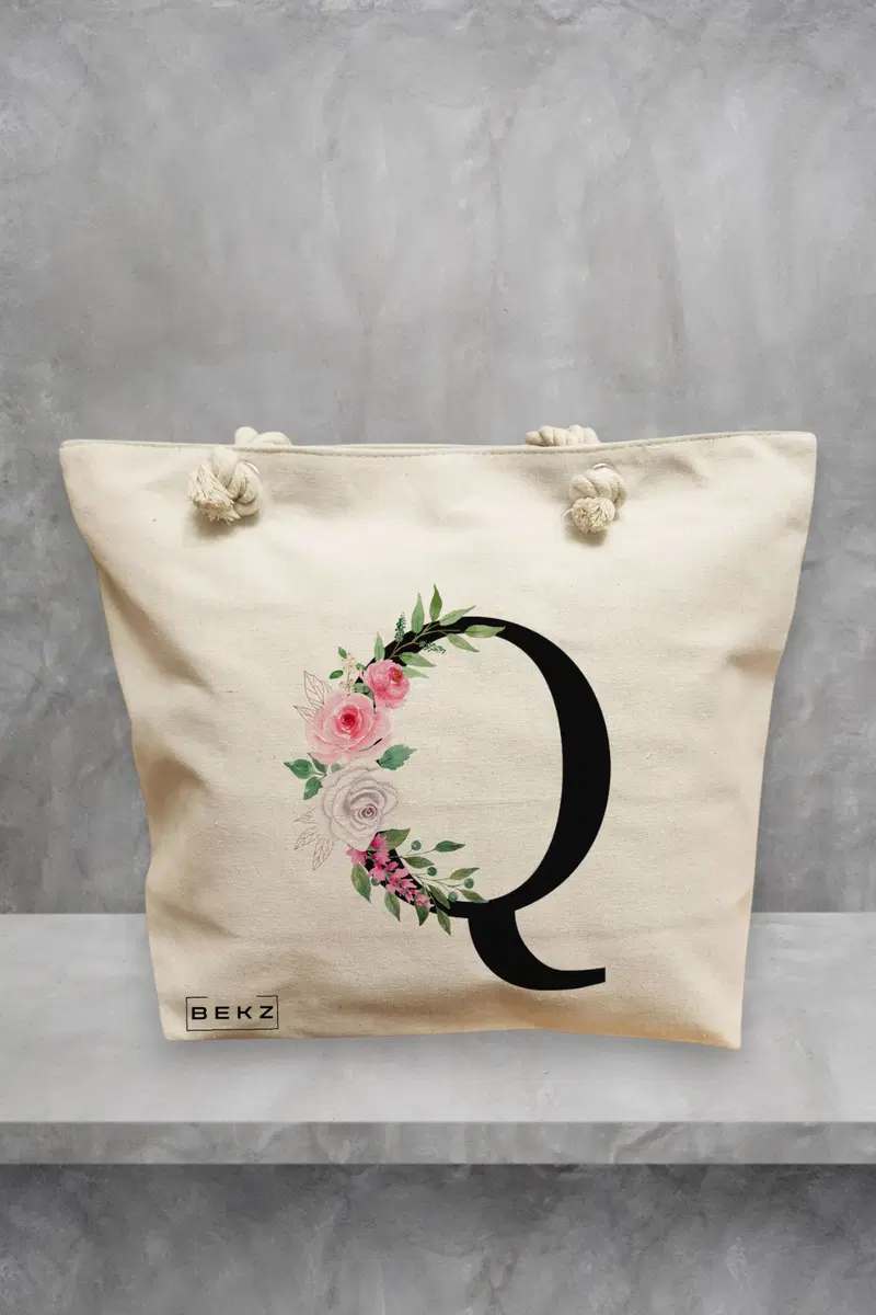 Geanta de Plaja Canvas Tote pentru femei, Cu litera Q si Trandafiri, 40x51 cm, Bej, BEKZ®