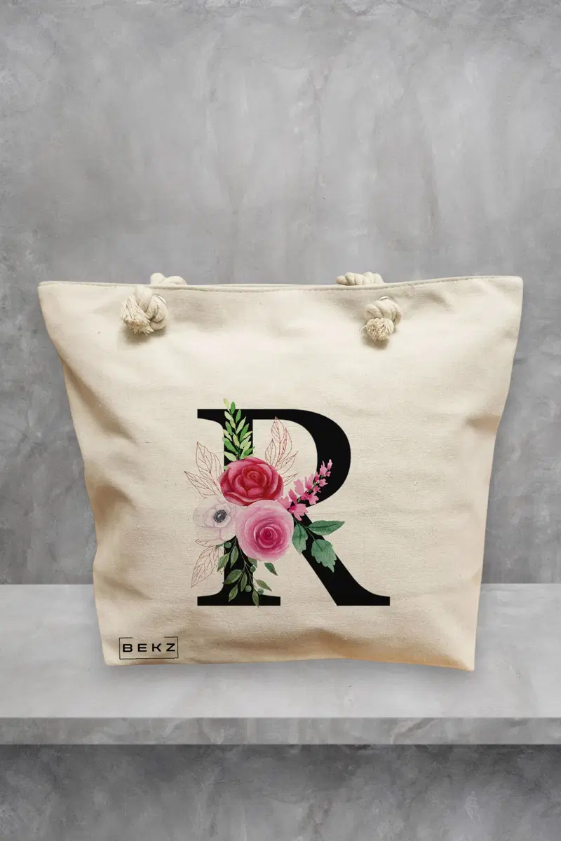 Geanta de Plaja Canvas Tote pentru femei, Cu litera R si Trandafiri, 40x51 cm, Bej, BEKZ®