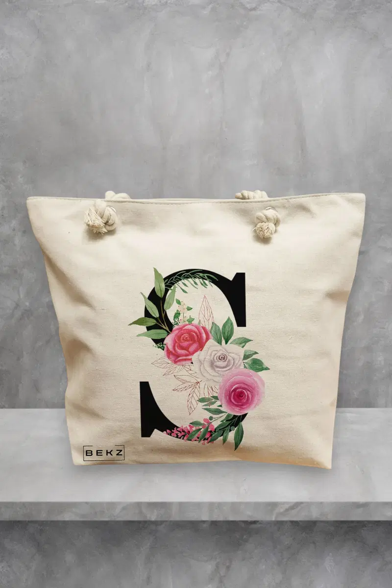 Geanta de Plaja Canvas Tote pentru femei, Cu litera S si Trandafiri, 40x51 cm, Bej, BEKZ®