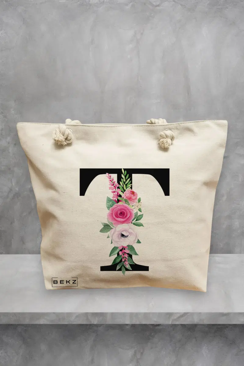 Geanta de Plaja Canvas Tote pentru femei, Cu litera T si Trandafiri, 40x51 cm, Bej, BEKZ®