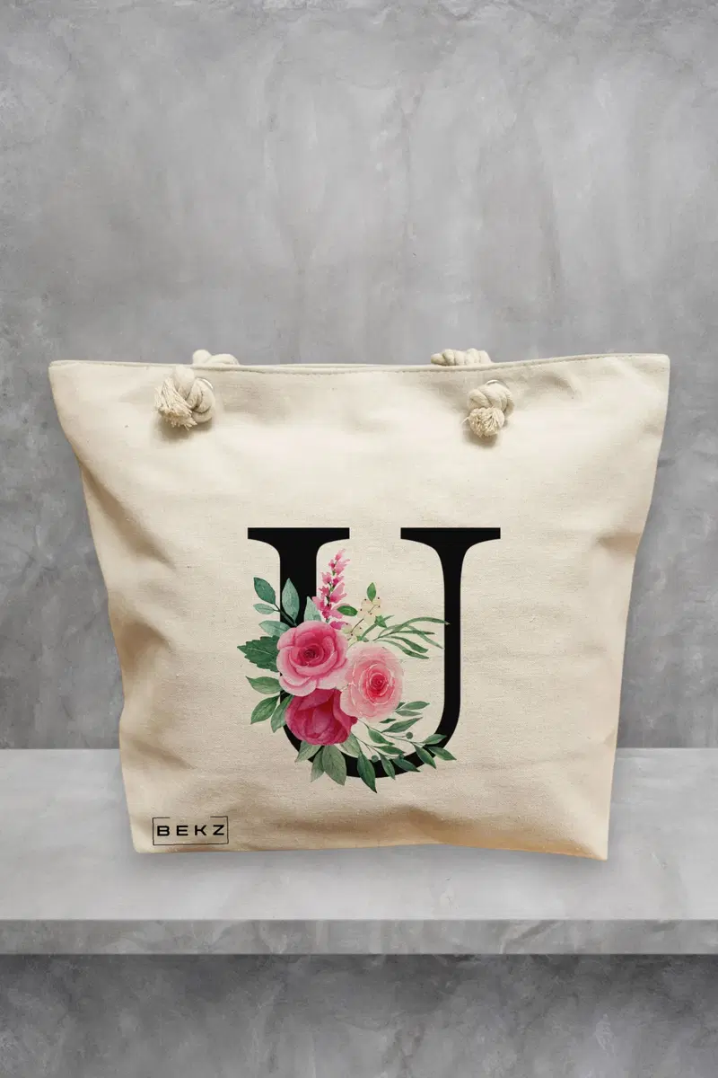 Geanta de Plaja Canvas Tote pentru femei, Cu litera U si Trandafiri, 40x51 cm, Bej, BEKZ®