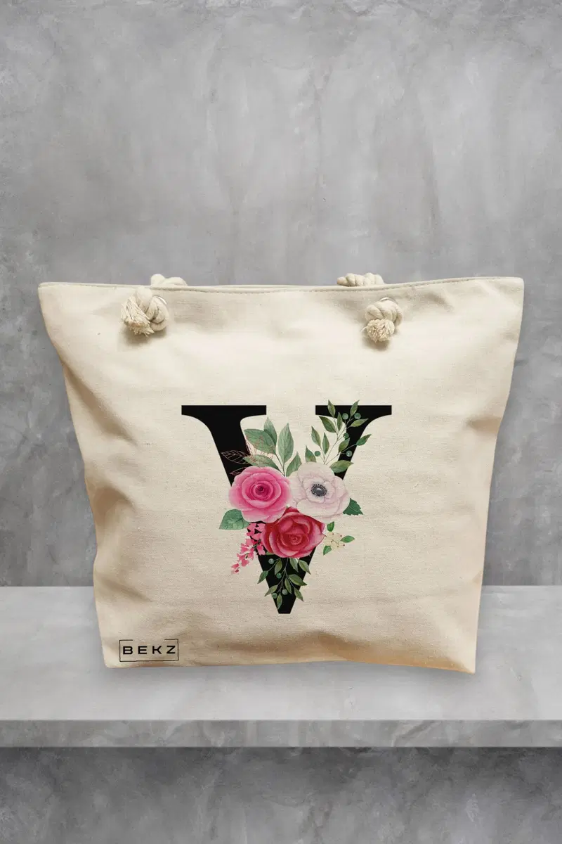 Geanta de Plaja Canvas Tote pentru femei, Cu litera V si Trandafiri, 40x51 cm, Bej, BEKZ®