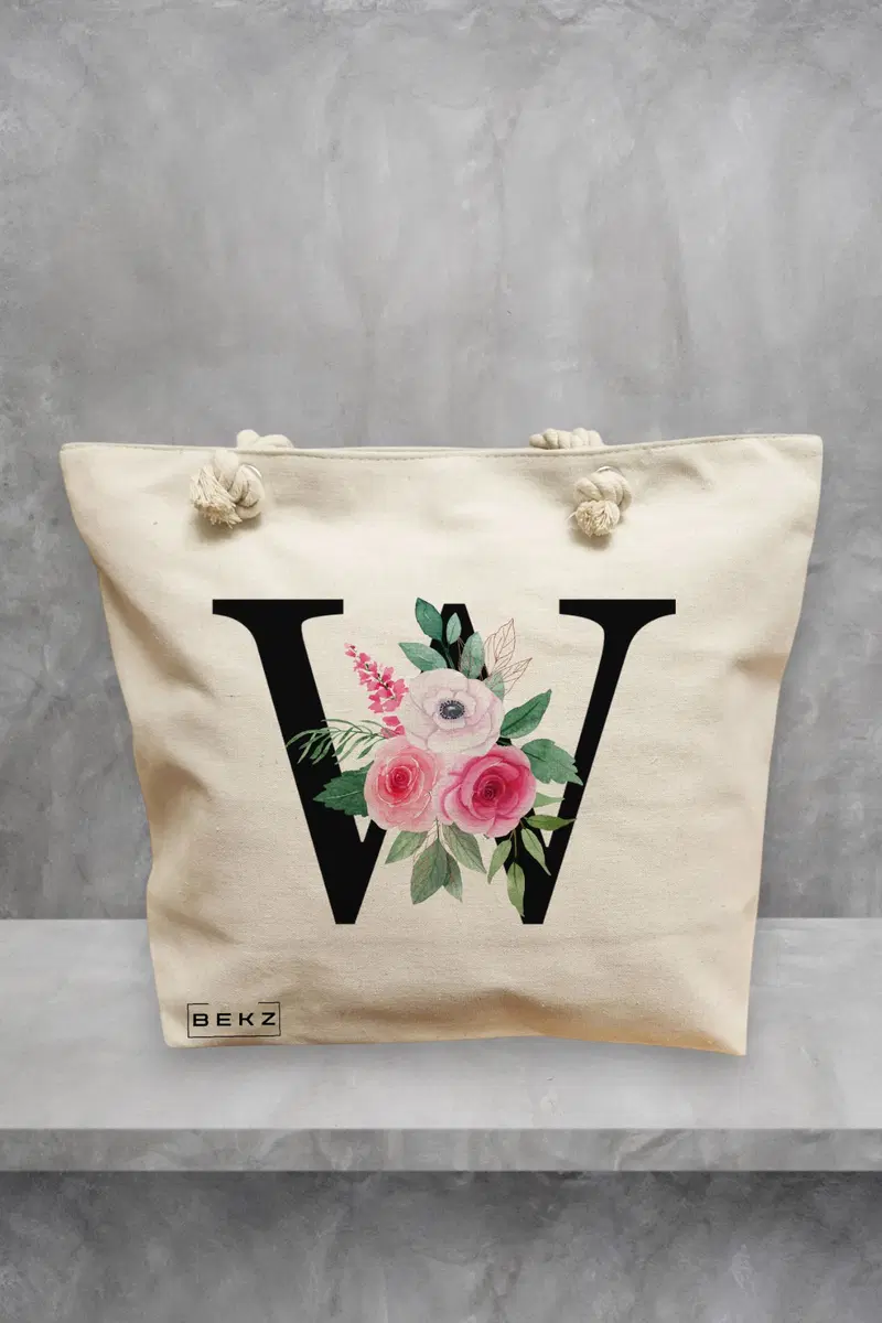 Geanta de Plaja Canvas Tote pentru femei, Cu litera W si Trandafiri, 40x51 cm, Bej, BEKZ®