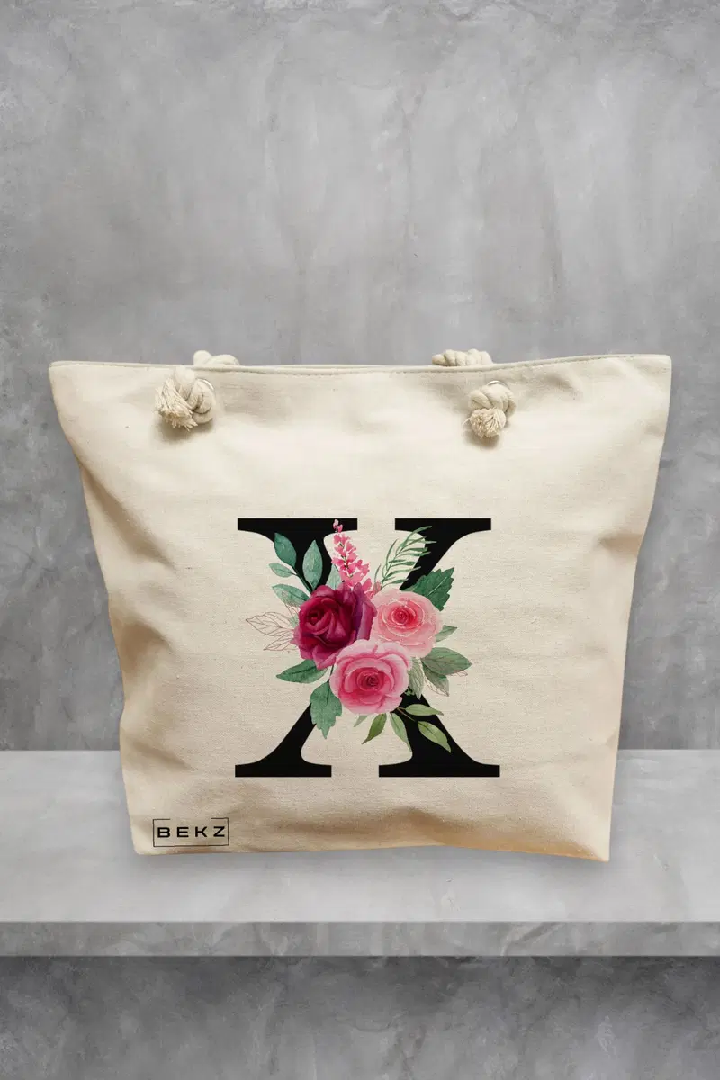 Geanta de Plaja Canvas Tote pentru femei, Cu litera X si Trandafiri, 40x51 cm, Bej, BEKZ®