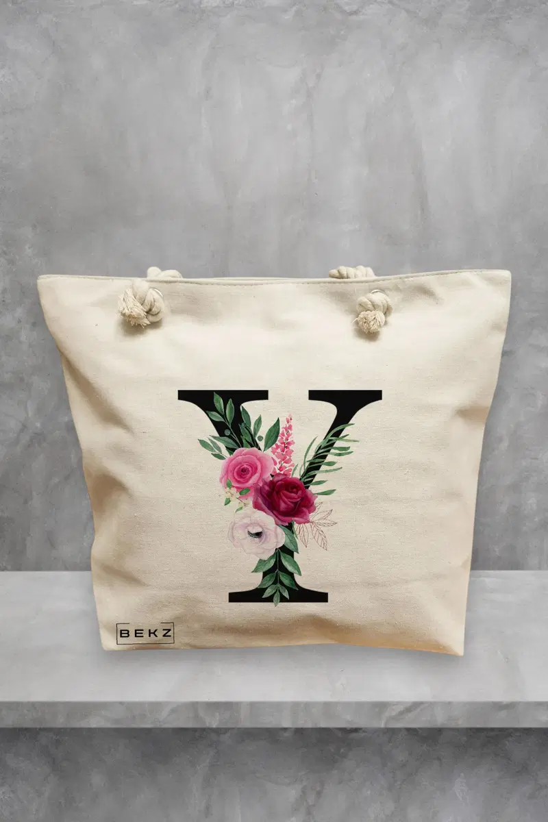 Geanta de Plaja Canvas Tote pentru femei, Cu litera Y si Trandafiri, 40x51 cm, Bej, BEKZ®