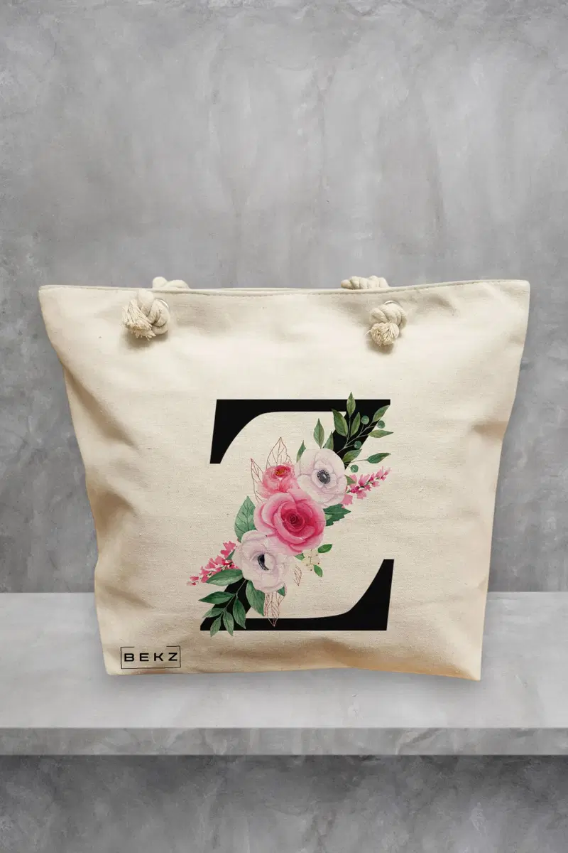 Geanta de Plaja Canvas Tote pentru femei, Cu litera Z si Trandafiri, 40x51 cm, Bej, BEKZ®