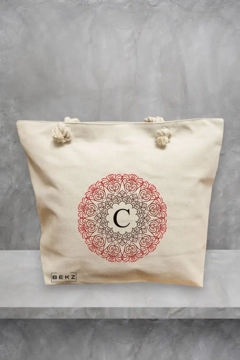 Geanta de Plaja Canvas Tote pentru femei, Cu litera C si Mandala, 40x51 cm, Bej, BEKZ®