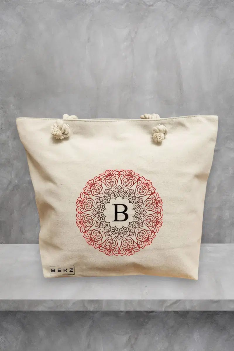 Geanta de Plaja Canvas Tote pentru femei, Cu litera B si Mandala, 40x51 cm, Bej, BEKZ®