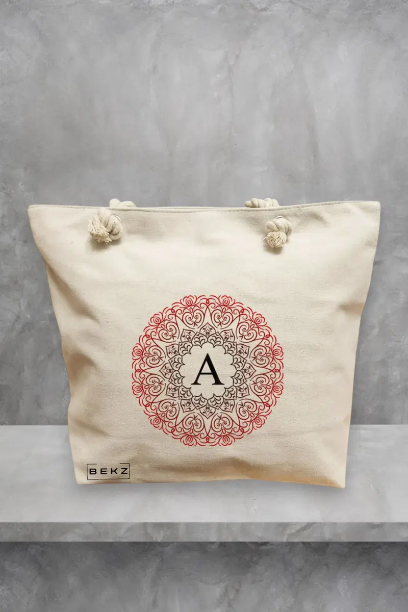 Geanta de Plaja Canvas Tote pentru femei, Cu litera A si Mandala, 40x51 cm, Bej, BEKZ®