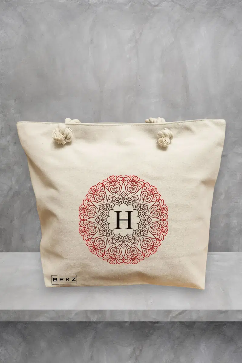 Geanta de Plaja Canvas Tote pentru femei, Cu litera H si Mandala, 40x51 cm, Bej, BEKZ®