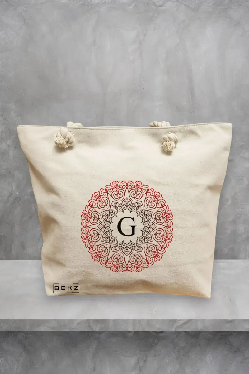 Geanta de Plaja Canvas Tote pentru femei, Cu litera G si Mandala, 40x51 cm, Bej, BEKZ®