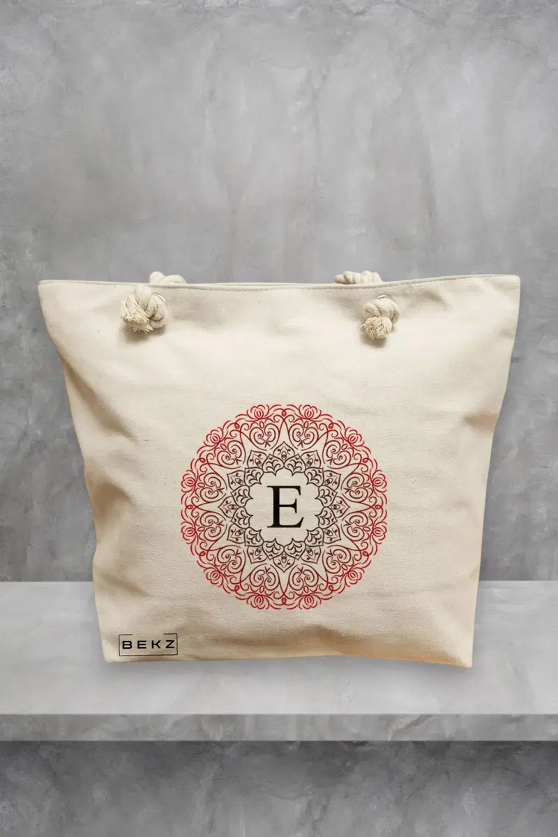 Geanta de Plaja Canvas Tote pentru femei, Cu litera E si Mandala, 40x51 cm, Bej, BEKZ®