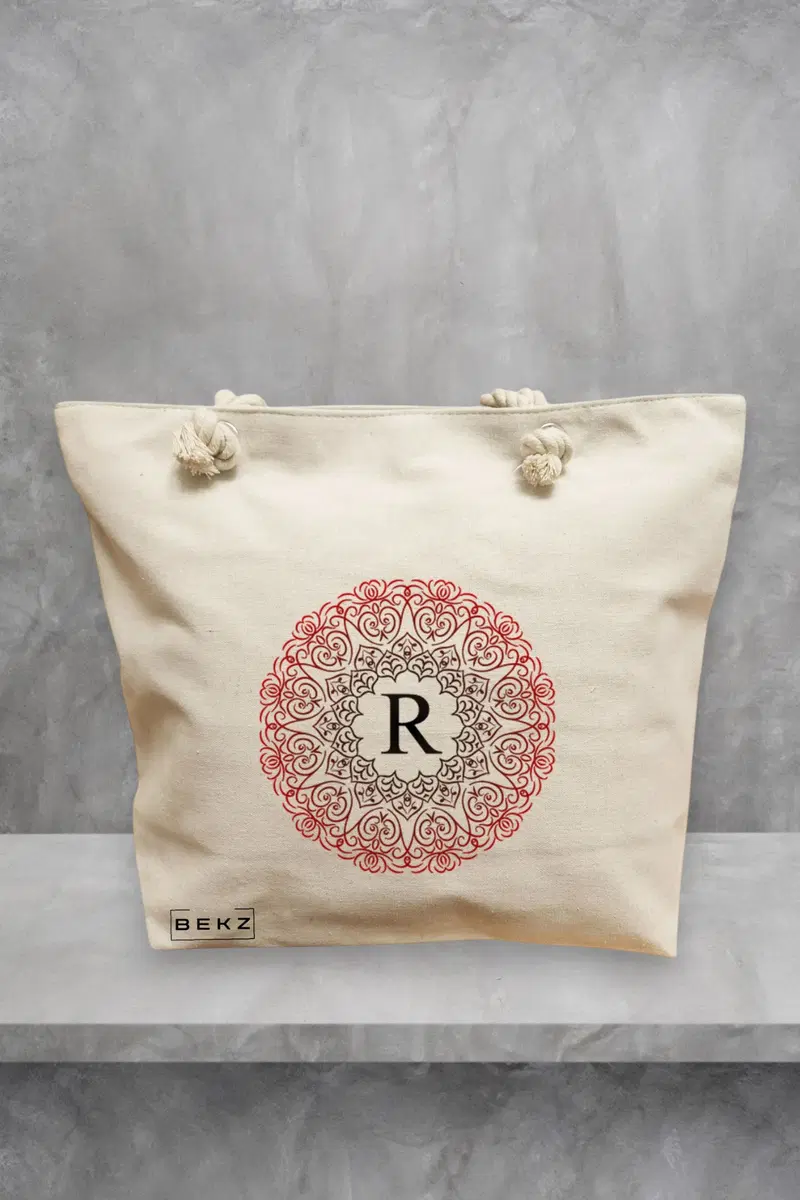 Geanta de Plaja Canvas Tote pentru femei, Cu litera R si Mandala, 40x51 cm, Bej, BEKZ®