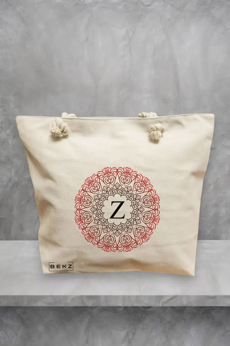 Geanta de Plaja Canvas Tote pentru femei, Cu litera Z si Mandala, 40x51 cm, Bej, BEKZ®