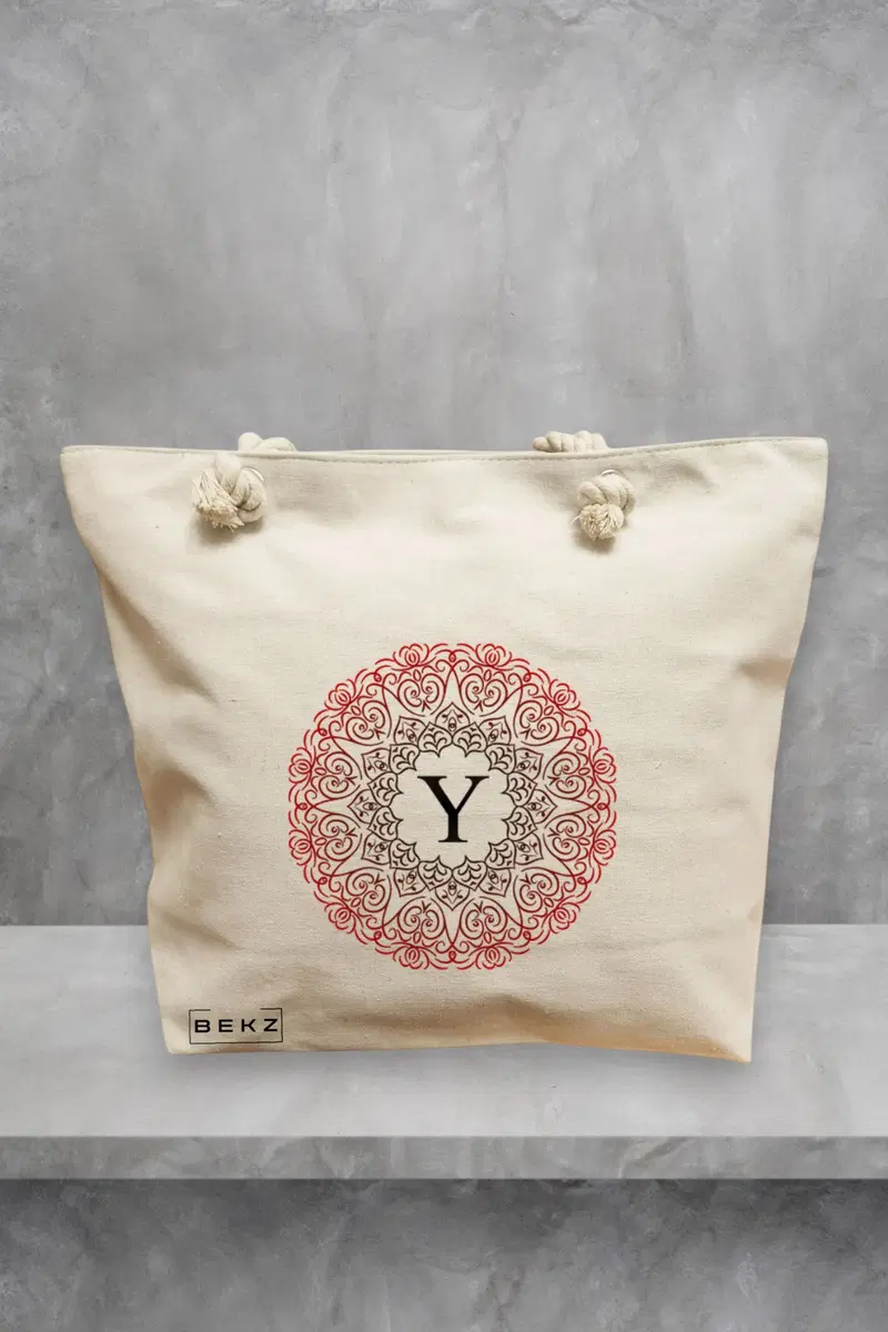 Geanta de Plaja Canvas Tote pentru femei, Cu litera Y si Mandala, 40x51 cm, Bej, BEKZ®