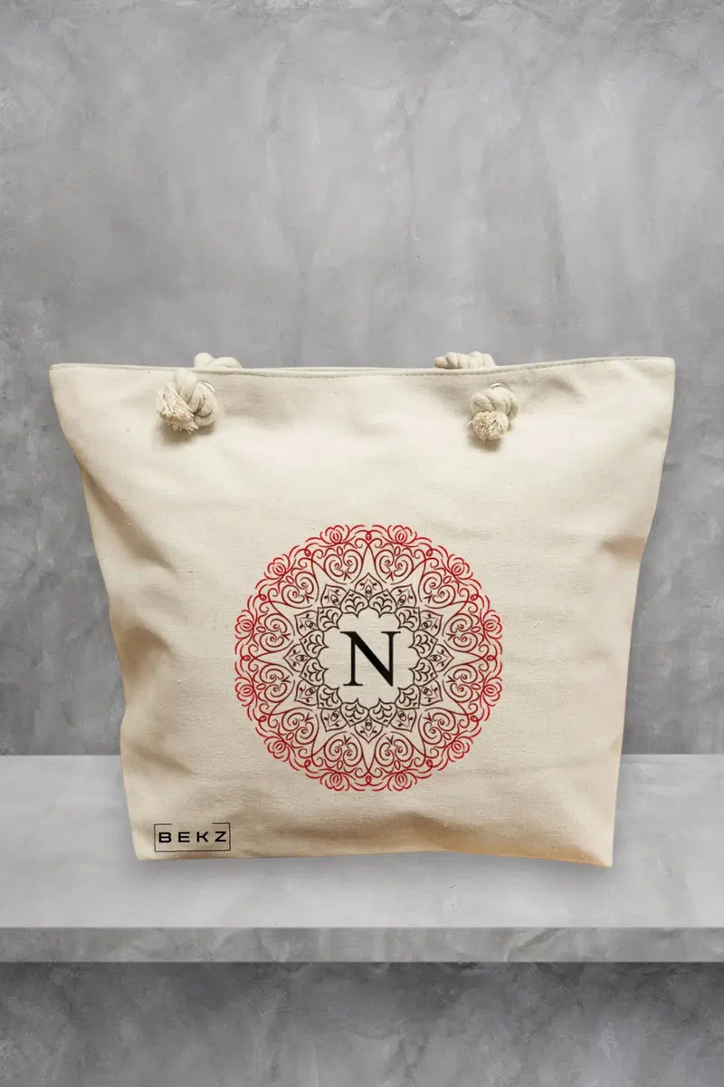 Geanta de Plaja Canvas Tote pentru femei, Cu litera N si Mandala, 40x51 cm, Bej, BEKZ®
