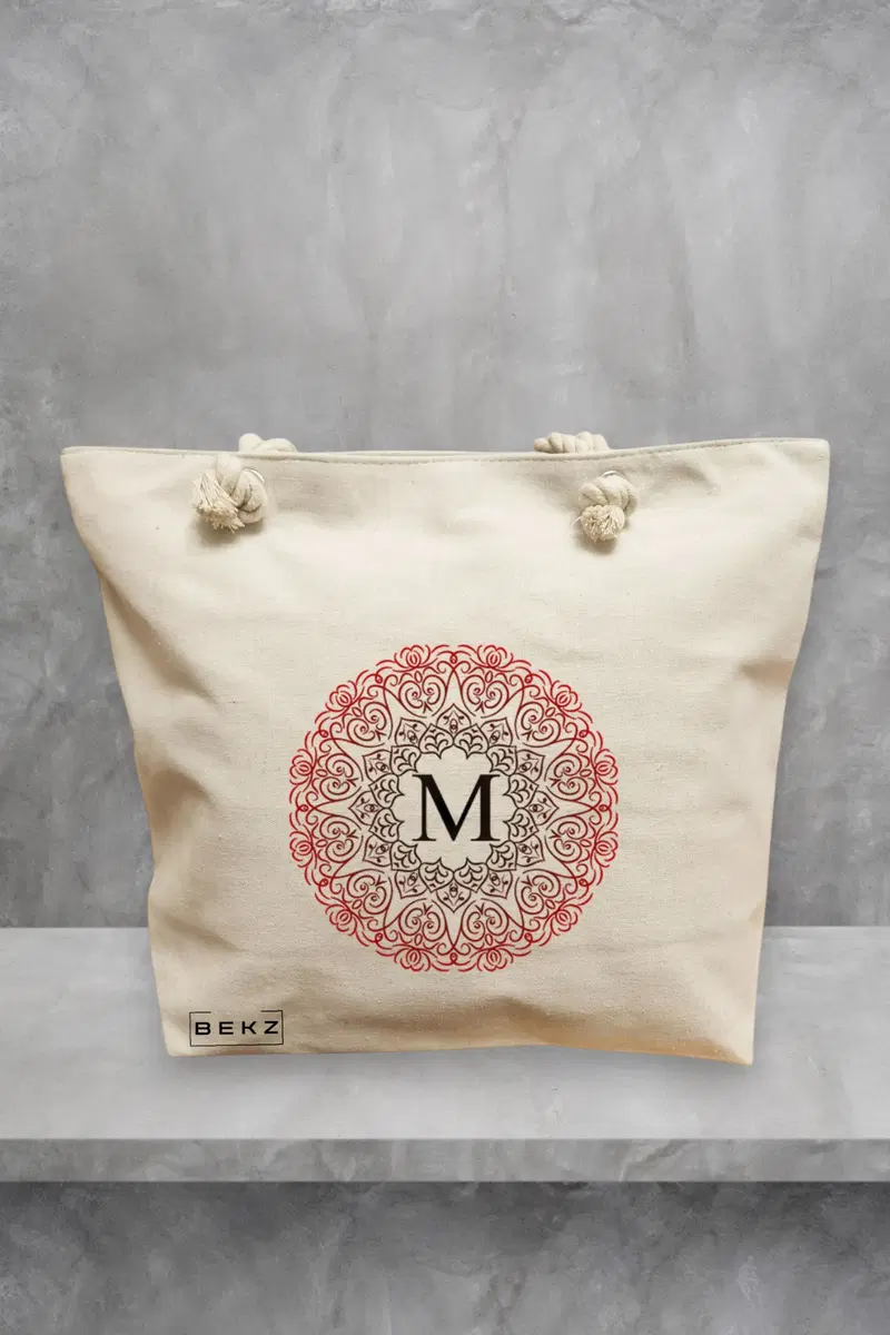 Geanta de Plaja Canvas Tote pentru femei, Cu litera M si Mandala, 40x51 cm, Bej, BEKZ®
