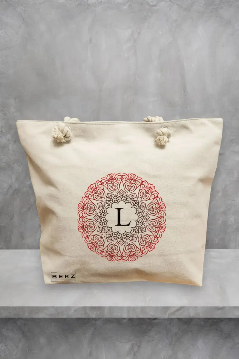 Geanta de Plaja Canvas Tote pentru femei, Cu litera L si Mandala, 40x51 cm, Bej, BEKZ®