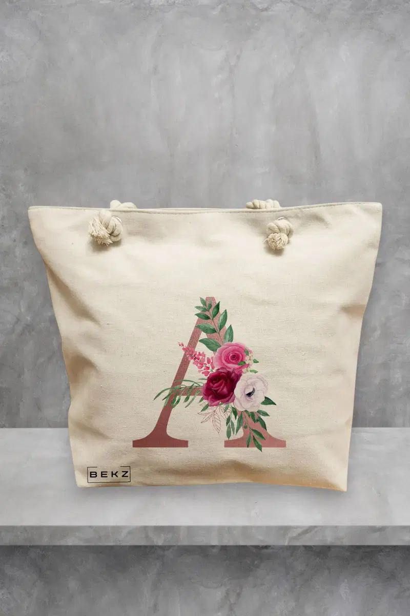 Geanta de Plaja Canvas Tote pentru femei, Cu litera A Rose Gold si Trandafiri, 40x51 cm, Bej, BEKZ®
