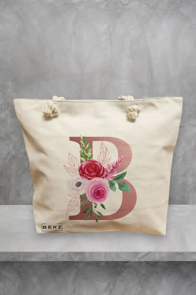 Geanta de Plaja Canvas Tote pentru femei, Cu litera B Rose Gold si Trandafiri, 40x51 cm, Bej, BEKZ®