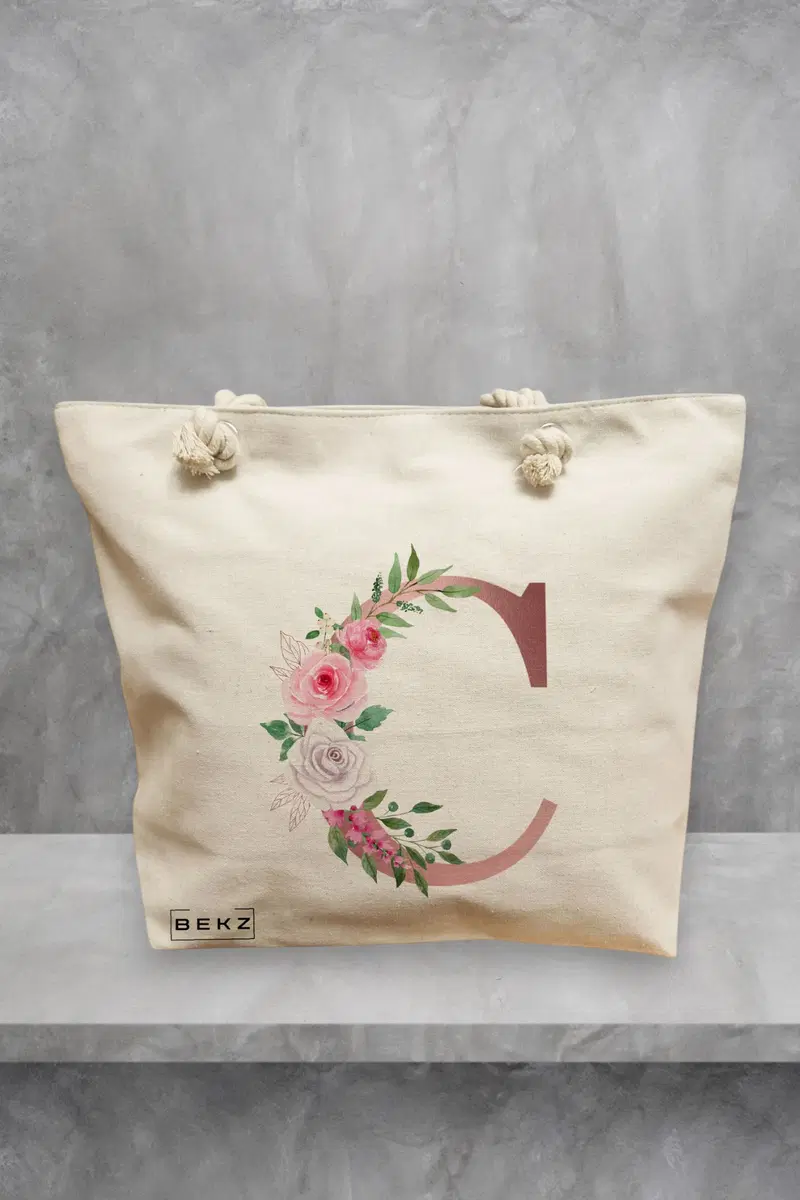 Geanta de Plaja Canvas Tote pentru femei, Cu litera C Rose Gold si Trandafiri, 40x51 cm, Bej, BEKZ®
