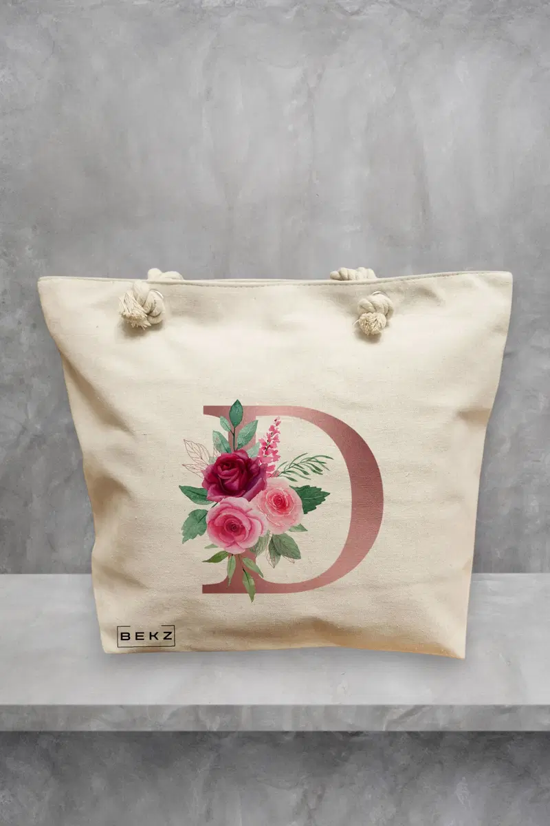 Geanta de Plaja Canvas Tote pentru femei, Cu litera D Rose Gold si Trandafiri, 40x51 cm, Bej, BEKZ®