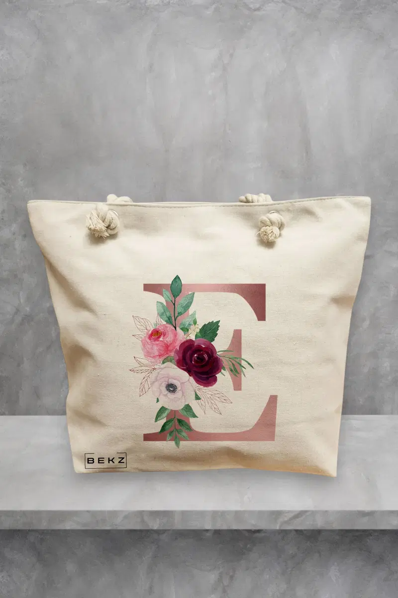 Geanta de Plaja Canvas Tote pentru femei, Cu litera E Rose Gold si Trandafiri, 40x51 cm, Bej, BEKZ®