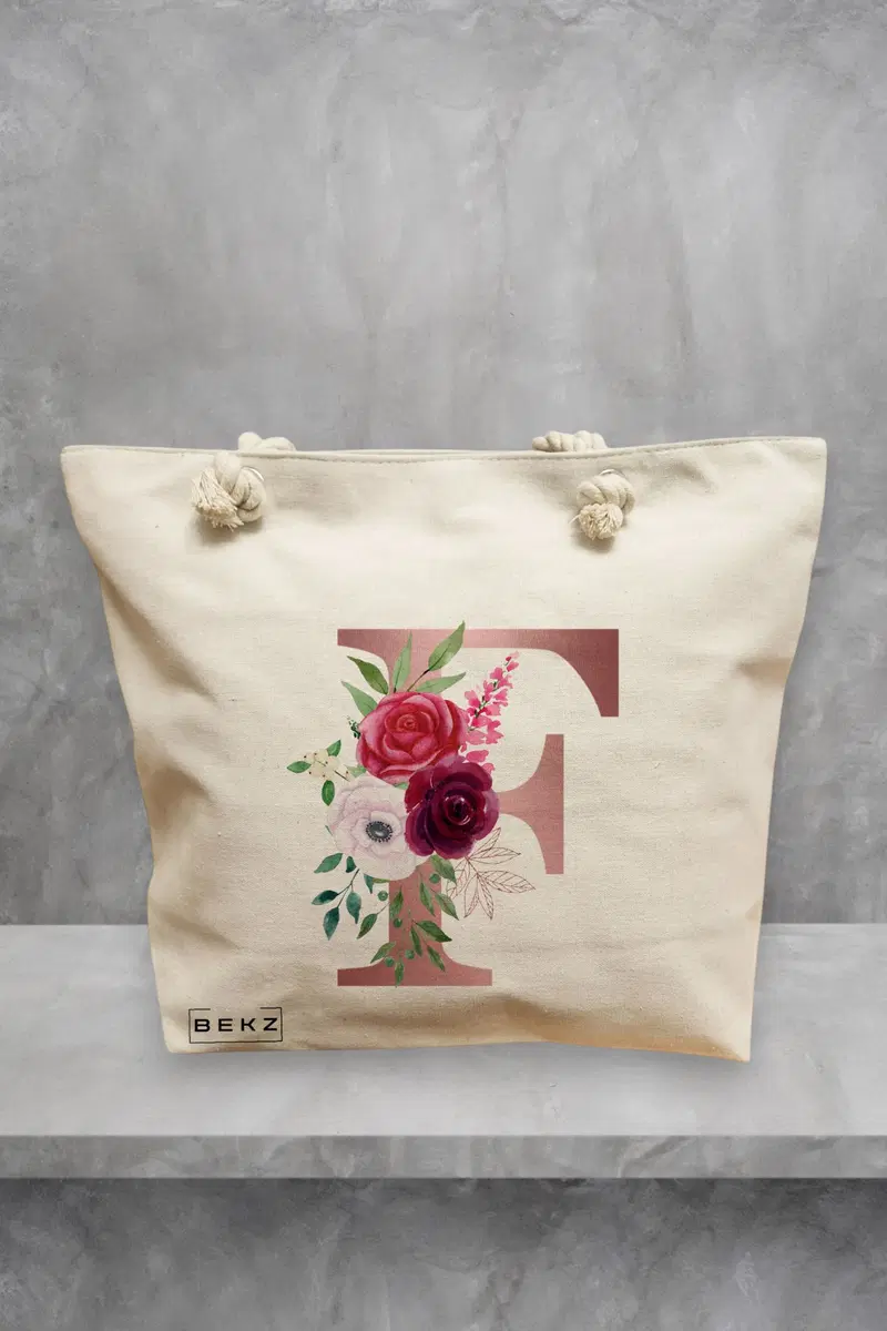 Geanta de Plaja Canvas Tote pentru femei, Cu litera F Rose Gold si Trandafiri, 40x51 cm, Bej, BEKZ®