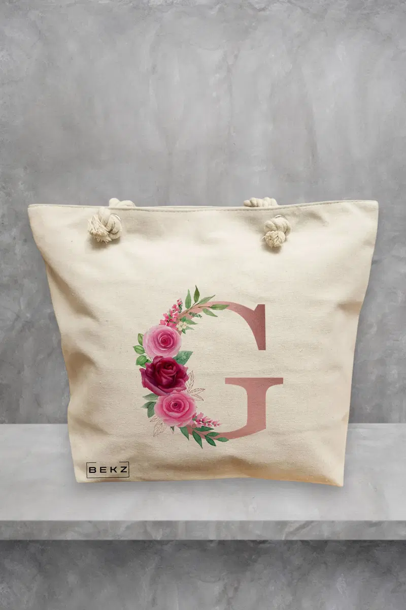 Geanta de Plaja Canvas Tote pentru femei, Cu litera G Rose Gold si Trandafiri, 40x51 cm, Bej, BEKZ®