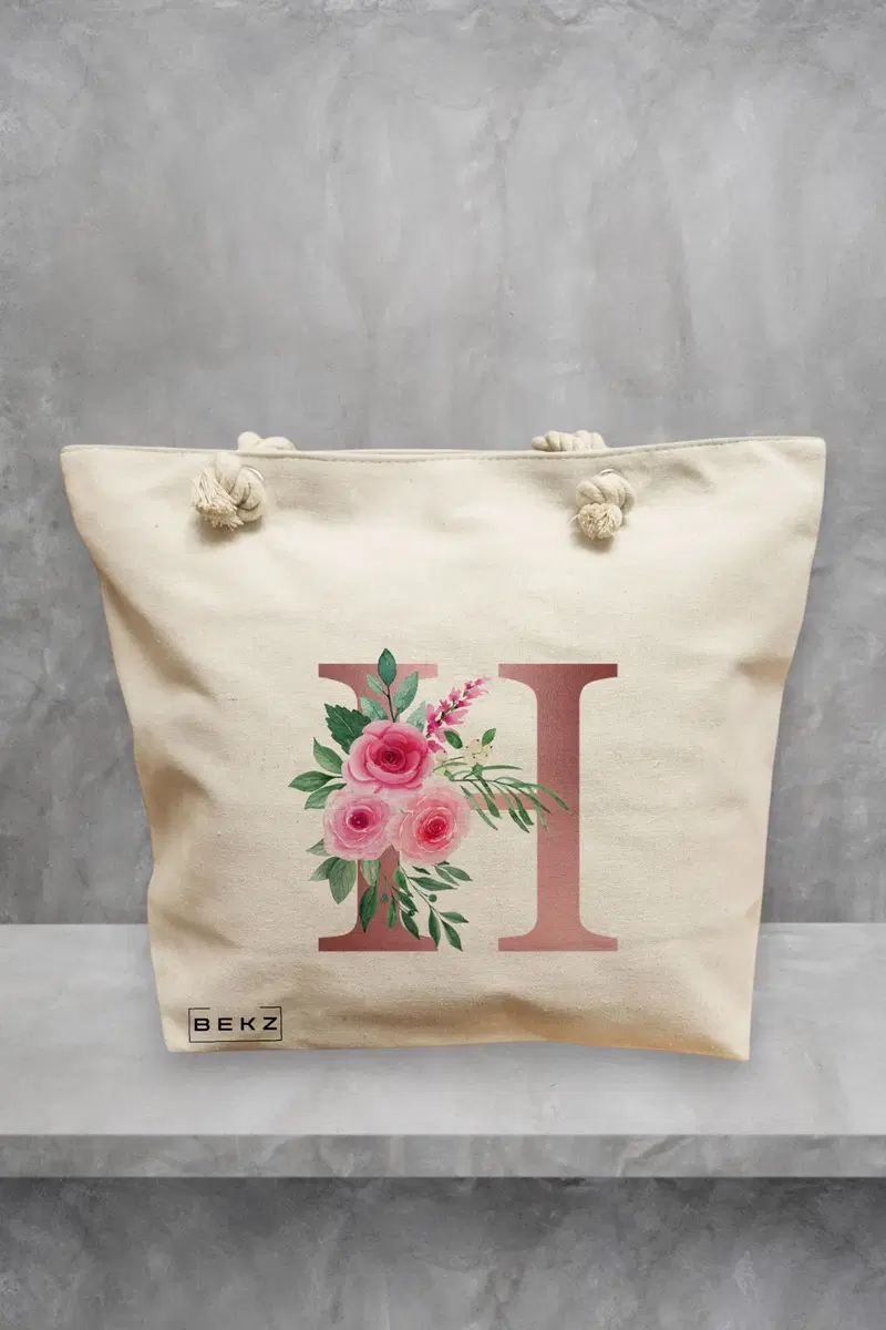 Geanta de Plaja Canvas Tote pentru femei, Cu litera H Rose Gold si Trandafiri, 40x51 cm, Bej, BEKZ®