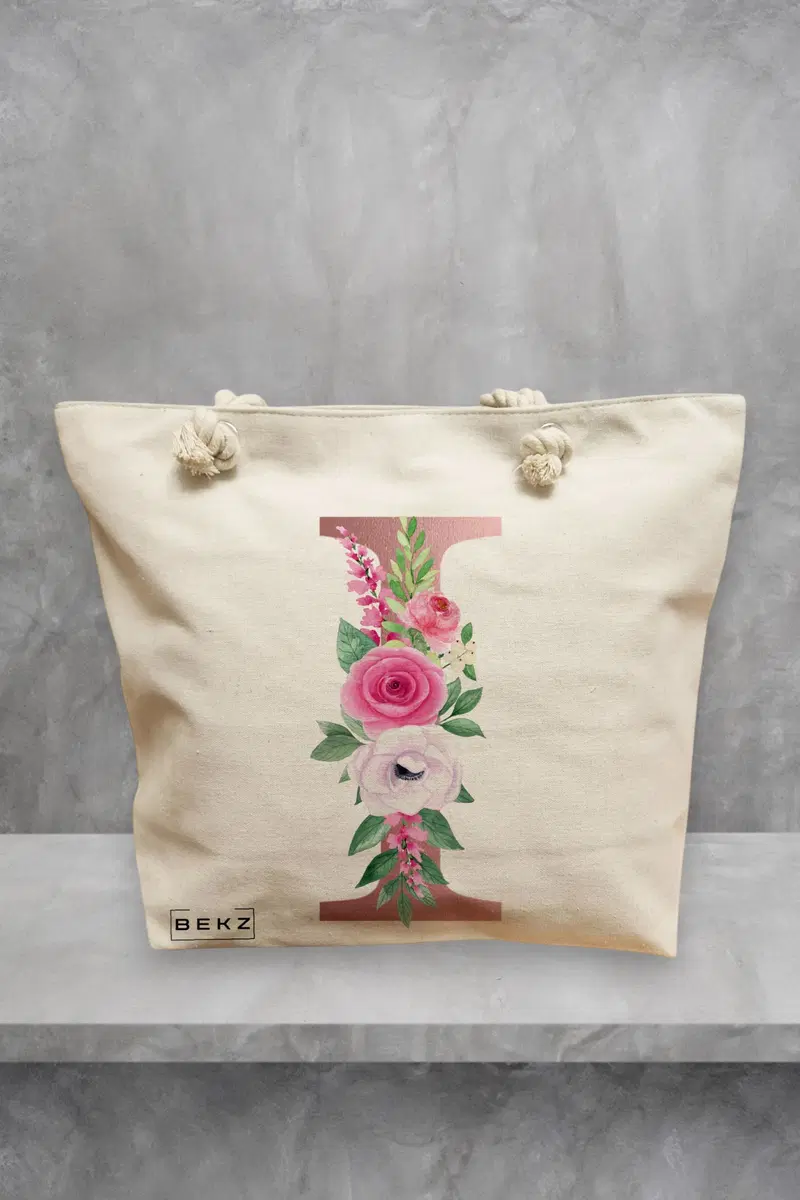 Geanta de Plaja Canvas Tote pentru femei, Cu litera I Rose Gold si Trandafiri, 40x51 cm, Bej, BEKZ®