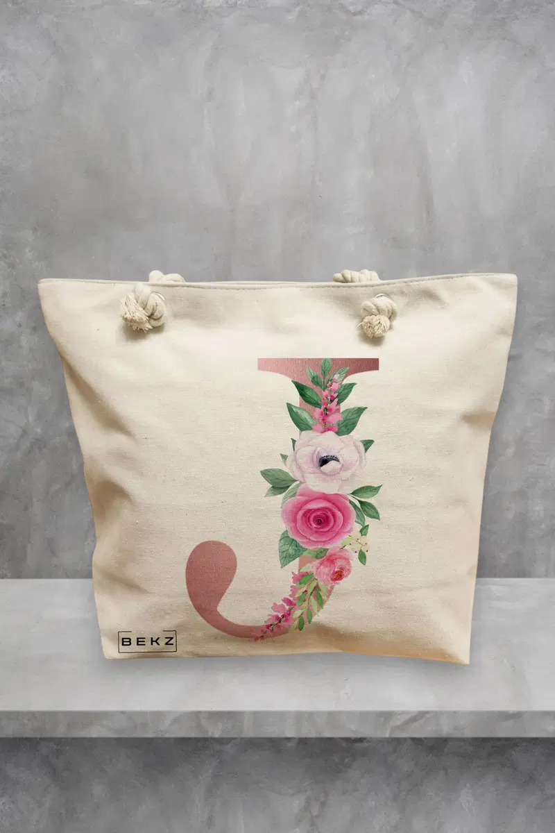 Geanta de Plaja Canvas Tote pentru femei, Cu litera J Rose Gold si Trandafiri, 40x51 cm, Bej, BEKZ®