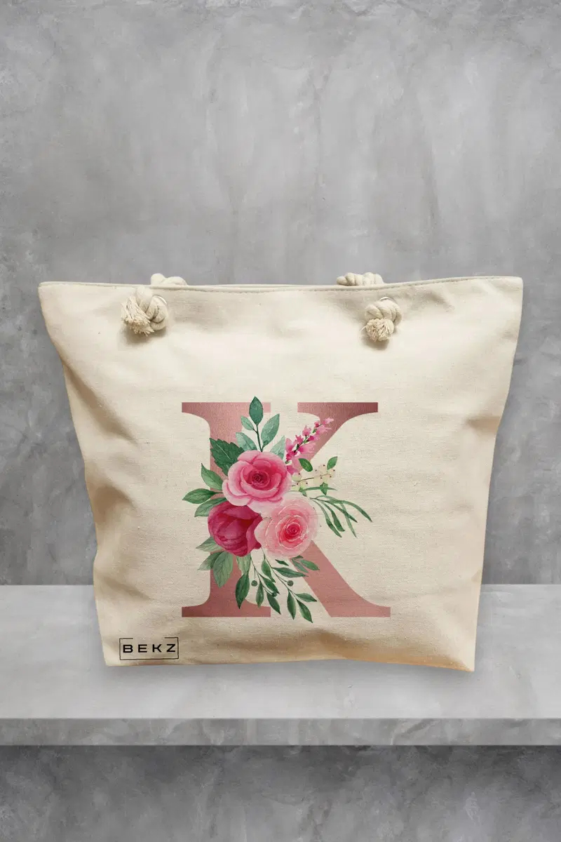 Geanta de Plaja Canvas Tote pentru femei, Cu litera K Rose Gold si Trandafiri, 40x51 cm, Bej, BEKZ®