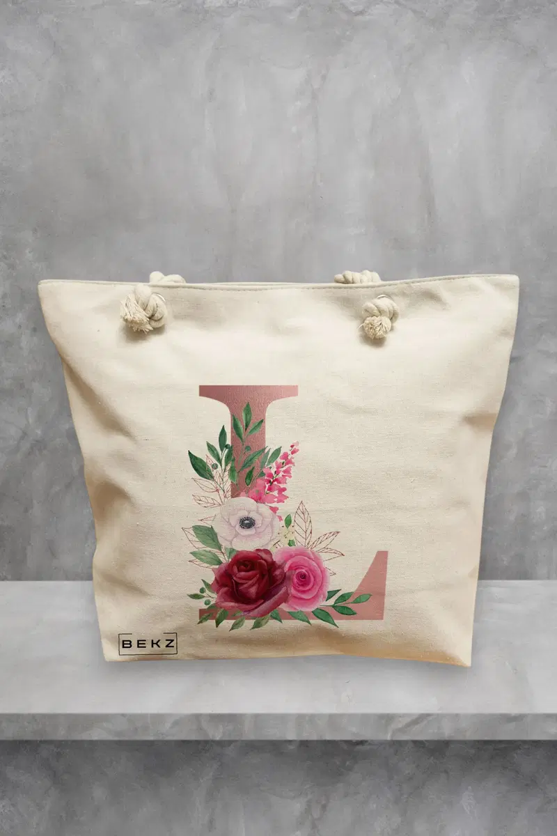 Geanta de Plaja Canvas Tote pentru femei, Cu litera L Rose Gold si Trandafiri, 40x51 cm, Bej, BEKZ®
