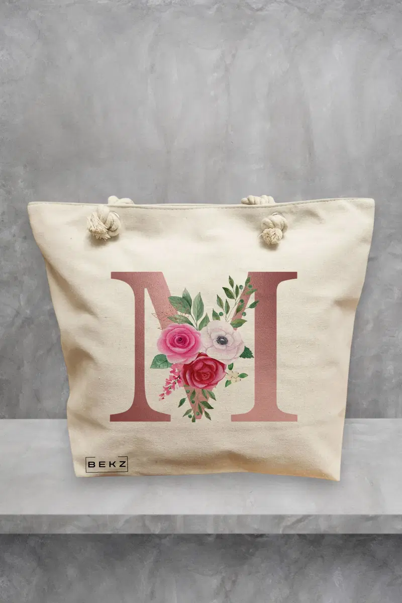 Geanta de Plaja Canvas Tote pentru femei, Cu litera M Rose Gold si Trandafiri, 40x51 cm, Bej, BEKZ®