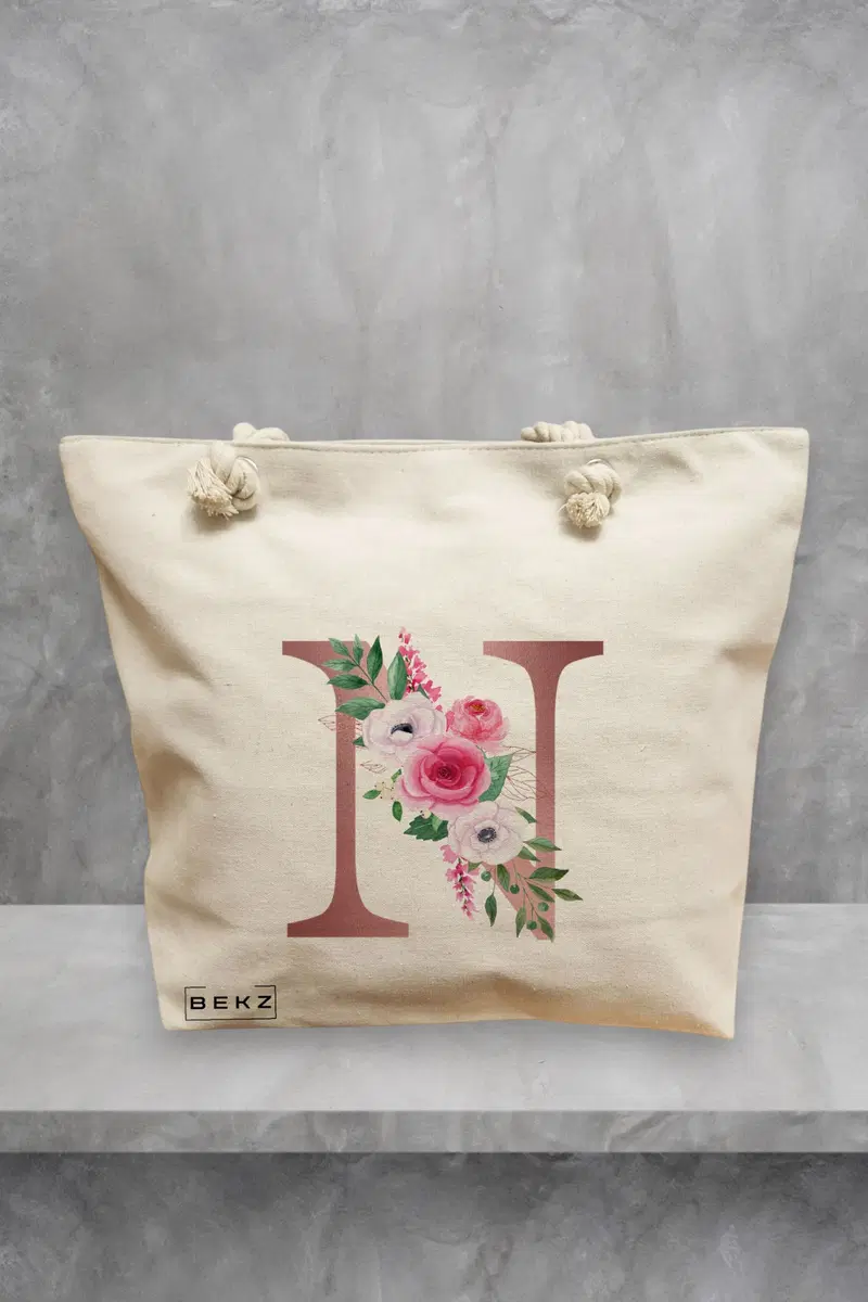 Geanta de Plaja Canvas Tote pentru femei, Cu litera N Rose Gold si Trandafiri, 40x51 cm, Bej, BEKZ®