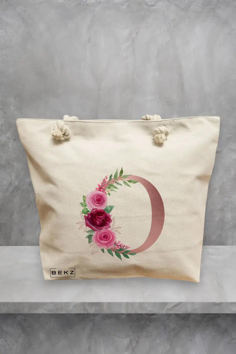 Geanta de Plaja Canvas Tote pentru femei, Cu litera O Rose Gold si Trandafiri, 40x51 cm, Bej, BEKZ®