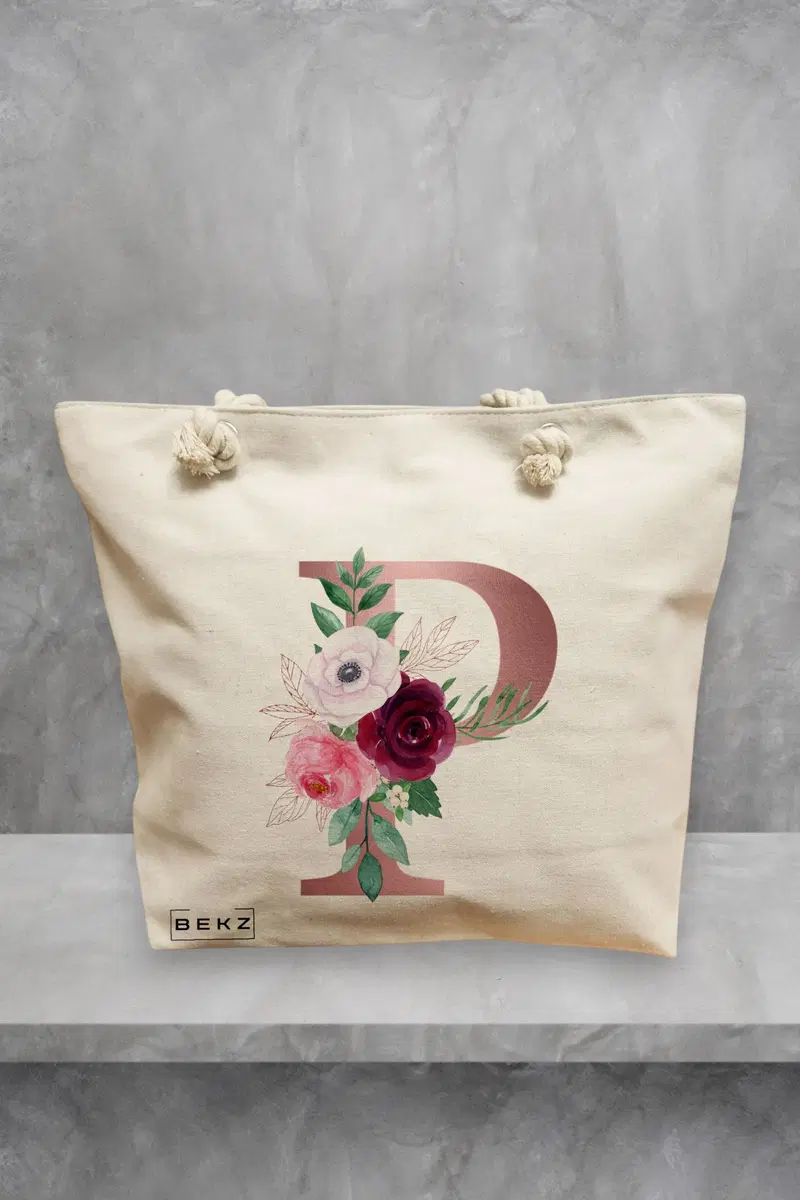 Geanta de Plaja Canvas Tote pentru femei, Cu litera P Rose Gold si Trandafiri, 40x51 cm, Bej, BEKZ®