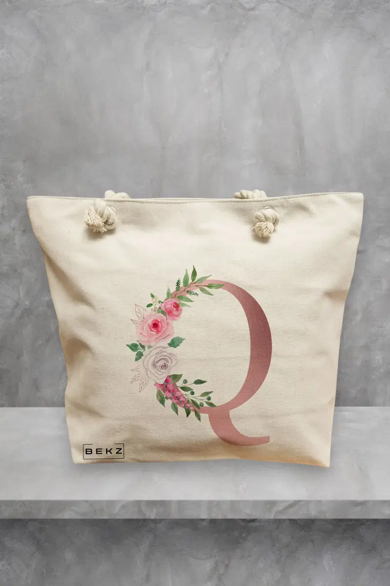 Geanta de Plaja Canvas Tote pentru femei, Cu litera Q Rose Gold si Trandafiri, 40x51 cm, Bej, BEKZ®