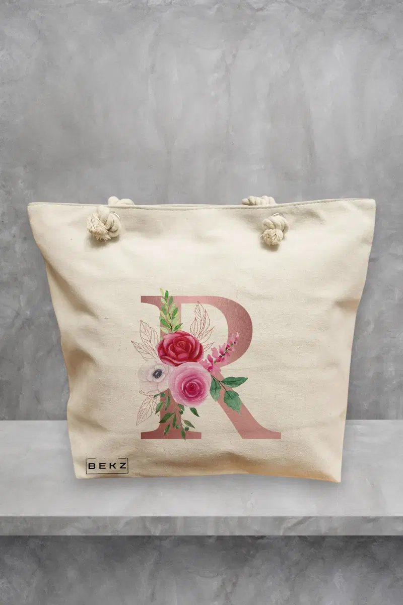 Geanta de Plaja Canvas Tote pentru femei, Cu litera R Rose Gold si Trandafiri, 40x51 cm, Bej, BEKZ®
