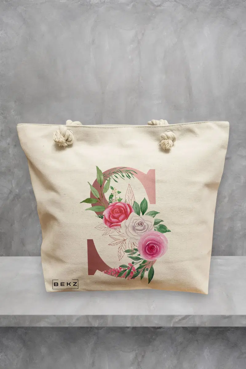 Geanta de Plaja Canvas Tote pentru femei, Cu litera S Rose Gold si Trandafiri, 40x51 cm, Bej, BEKZ®