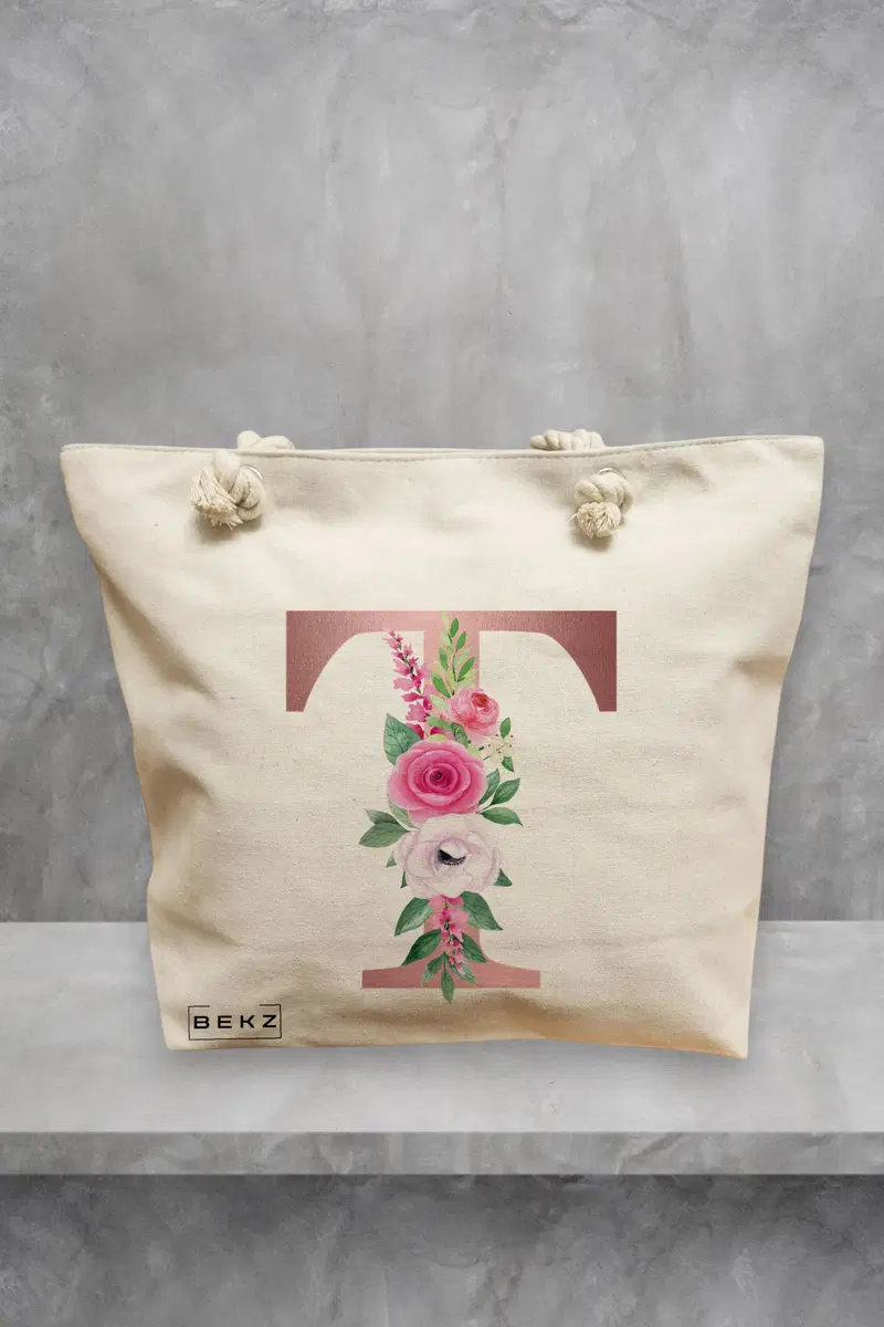 Geanta de Plaja Canvas Tote pentru femei, Cu litera T Rose Gold si Trandafiri, 40x51 cm, Bej, BEKZ®