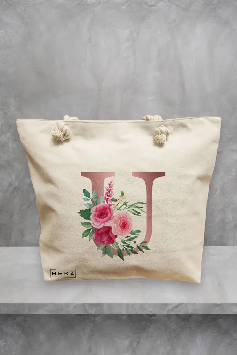 Geanta de Plaja Canvas Tote pentru femei, Cu litera U Rose Gold si Trandafiri, 40x51 cm, Bej, BEKZ®