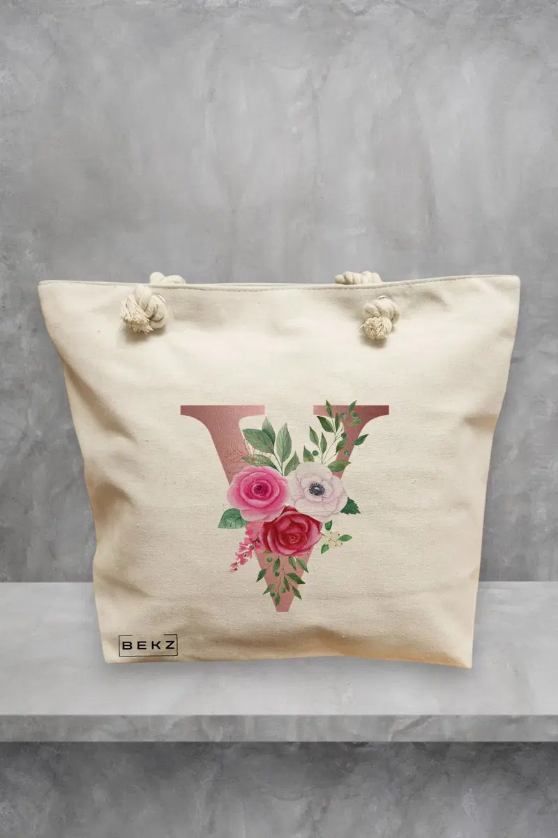 Geanta de Plaja Canvas Tote pentru femei, Cu litera V Rose Gold si Trandafiri, 40x51 cm, Bej, BEKZ®
